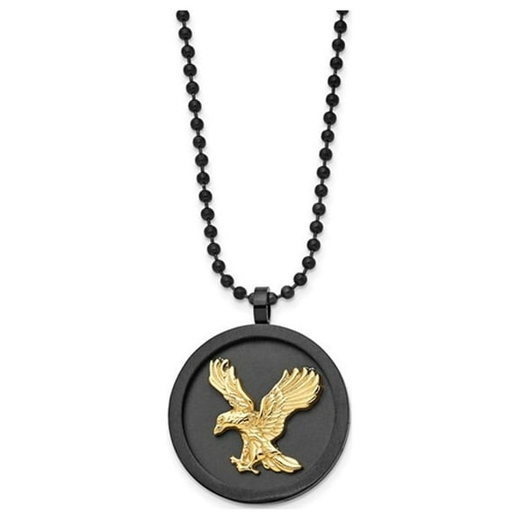 Black Stainless Steel Disc Charm with Gold Plated Eagle and 24 inch Chain for Men