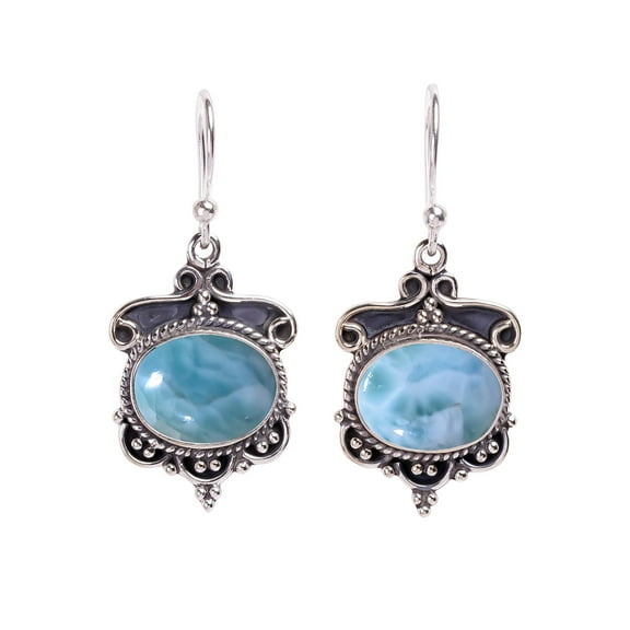 Natural Larimar / Pactolite - Dominican Republic 925 Sterling Silver Earring V605, Drop/Dangle Earring, Blue Earring, Oval Earring, Gift For Her, Lari