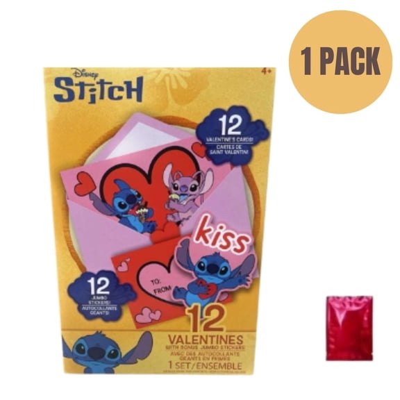 Stitch Valentine’s Day Classroom Exchange Card Set with Stickers and Envelopes, Includes Bonus LaPrima Morceau Bonbon, Kids School Party Favors