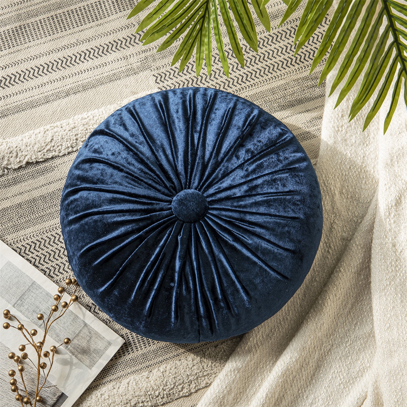 Phantoscope Crushed Velvet Pleated Round Pumpkin Floor Pillow Series Decorative Throw Pillow, 16" x 16" Round, Navy, 1 Pack