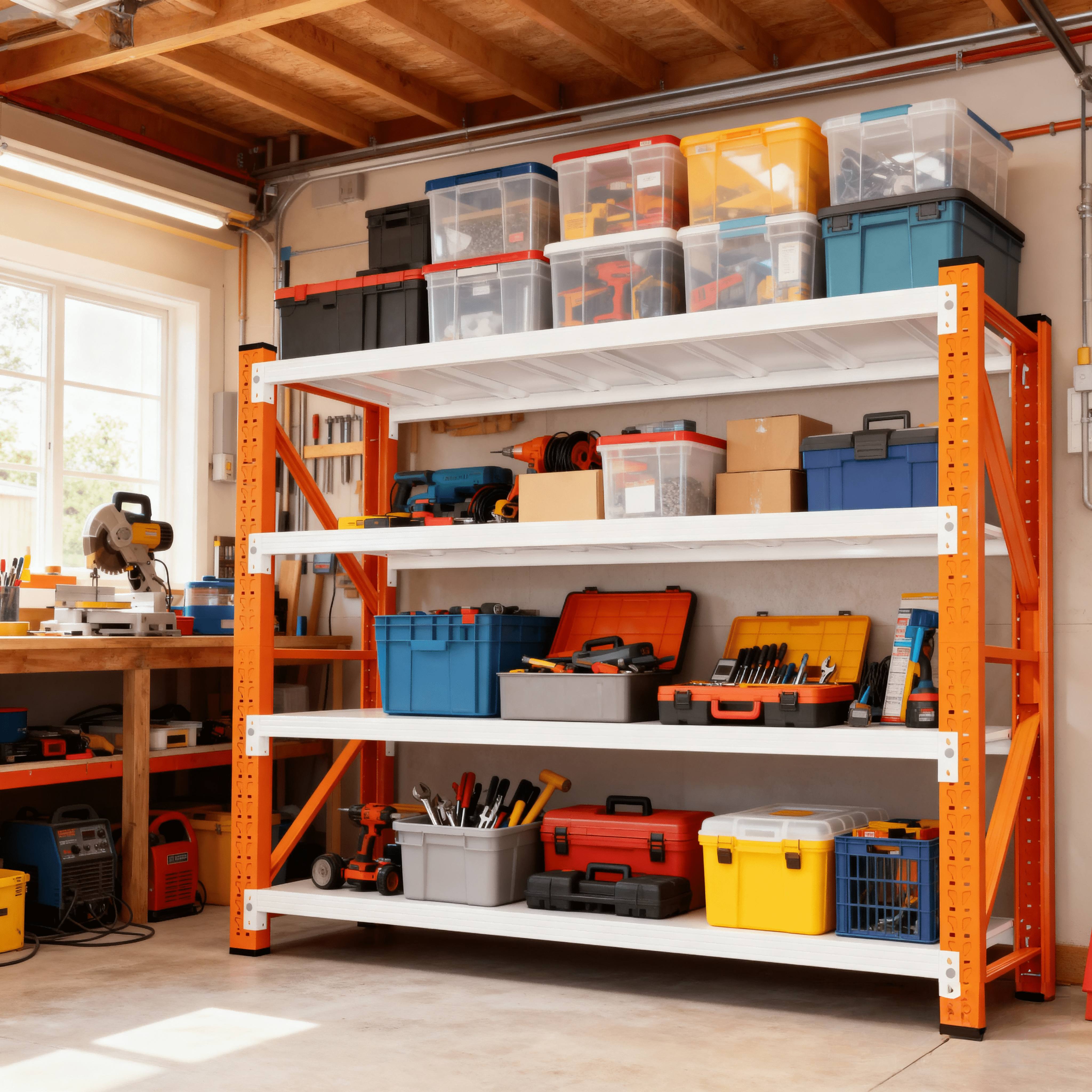 Welfiya 4-Tier Garage Storage Shelves,79"H Heavy Duty Garage Shelving Unit,Adjustable Industrial Metal Shelf System,4500lbs Capacity,Tool Organizer for Garage,Workshop,60"W x 20"D x 79"H,Orange&White