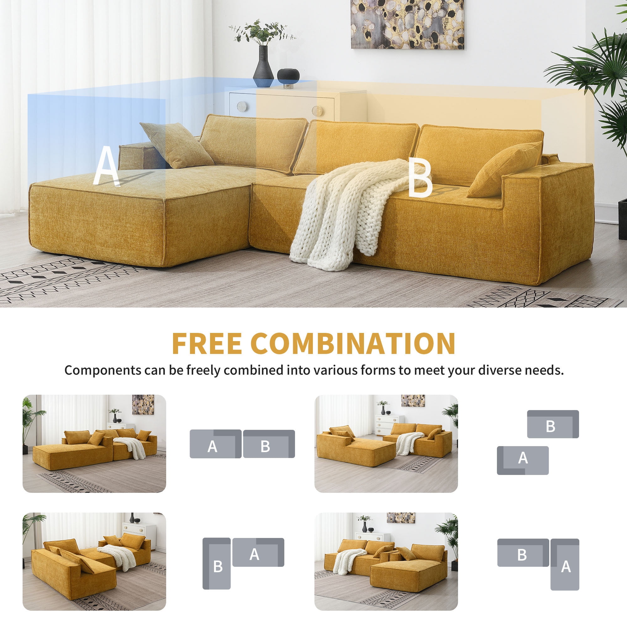 EUROCO 111.5" Minimalist Style L-Shaped Modular Sectional Sofa Couch, Wrinkle-resistant Chenille Sleeper Sofa Bed with All-Sponge Construction, 2 PIC Free Combination No Assembly Require, Yellow