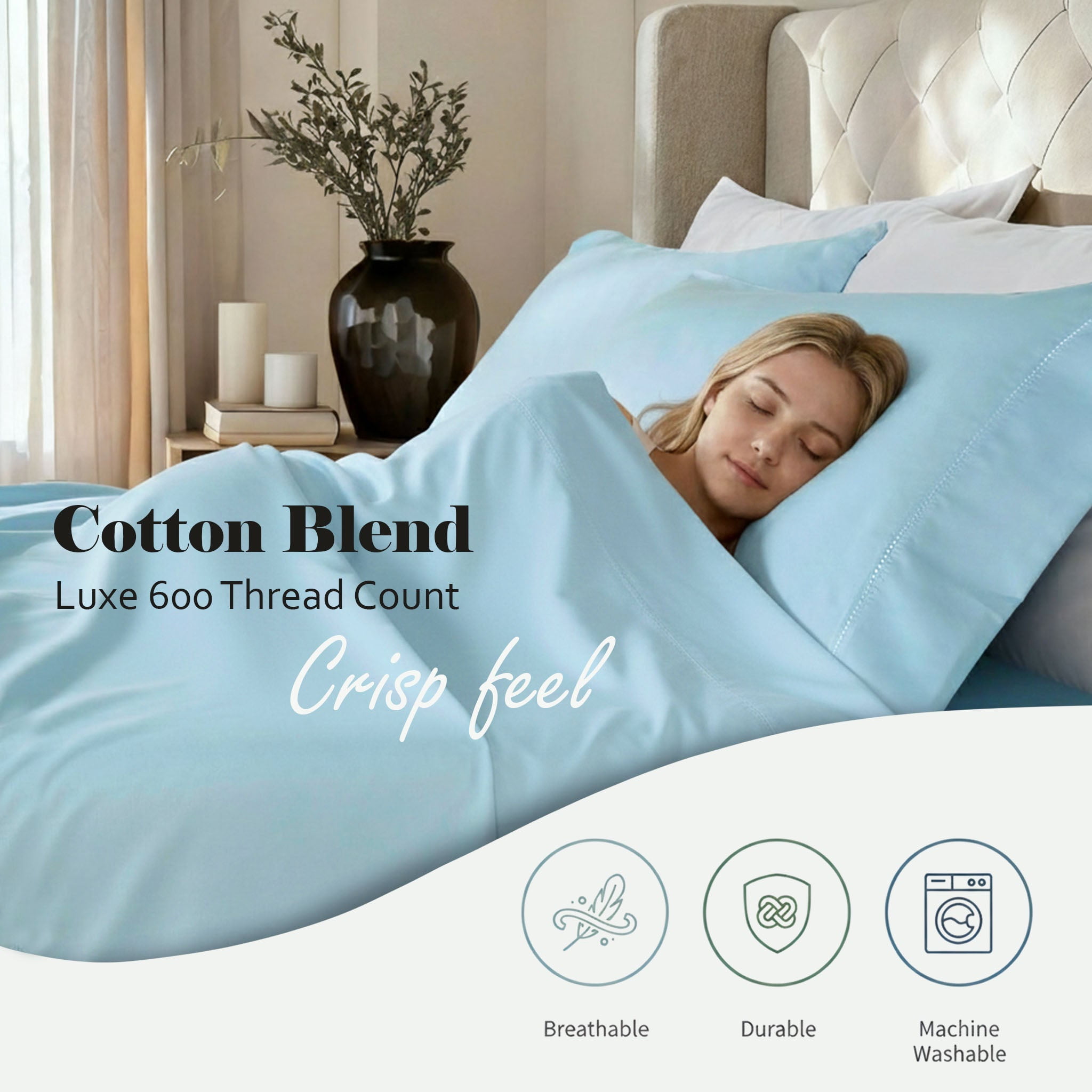 Superior Cotton Blend 600 Thread Count Embroidered Sheet Set, Full, Blue