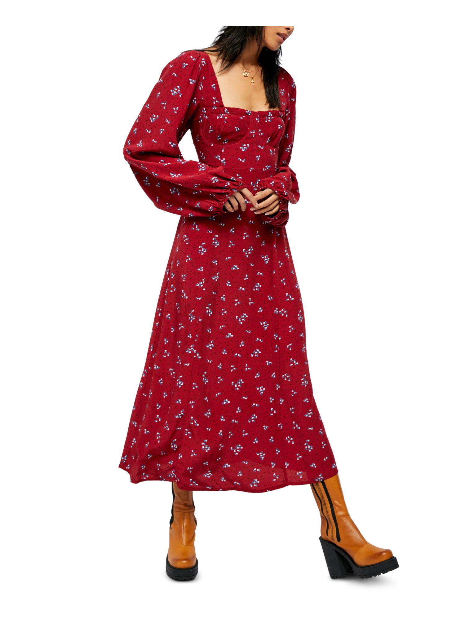 FREE PEOPLE Womens Red Pouf Tea-Length 