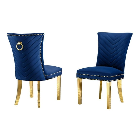 Set of 2 Navy Blue Velvet Upholstered Chairs with Gold Stainless Steel Legs