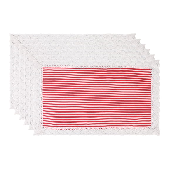 Unique Bargains Set of 6 Rustic Washable Table Mat Placemats with Lace Trim Red