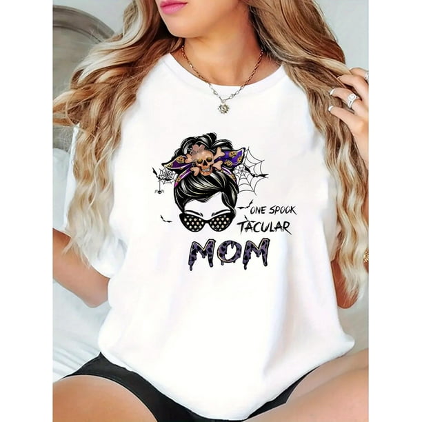 Women's Casual Skull Print T-Shirt - Round Neck, Short Sleeve, Stretch Polyester and Spandex Blend, Machine Washable, Summer Top