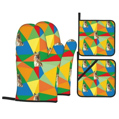 

Oven Mitts and Pot Holders 4 pcs Set German Shepherd Dog Colorful Heat Resistant Pot Holders Oven Mitts for kitchen Non-Slip Hanging Loop Oven Glove Potholders for Baking Cooking