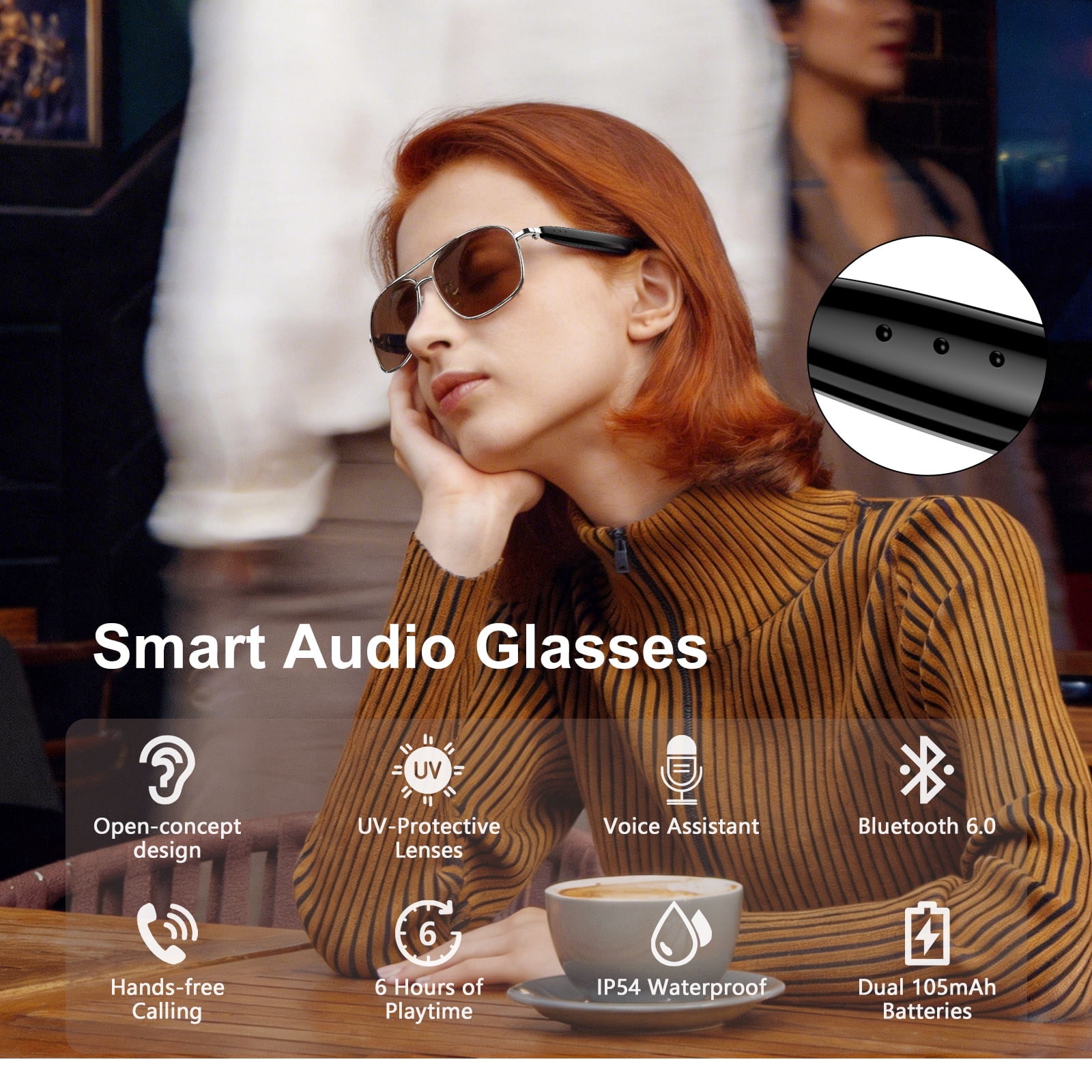 LUOMATE Smart Glasses with Bluetooth Audio, Sunglasses with Voice Assistant, Open Ear Speaker, LensTouch Control for Travel Work Business (Sliver)