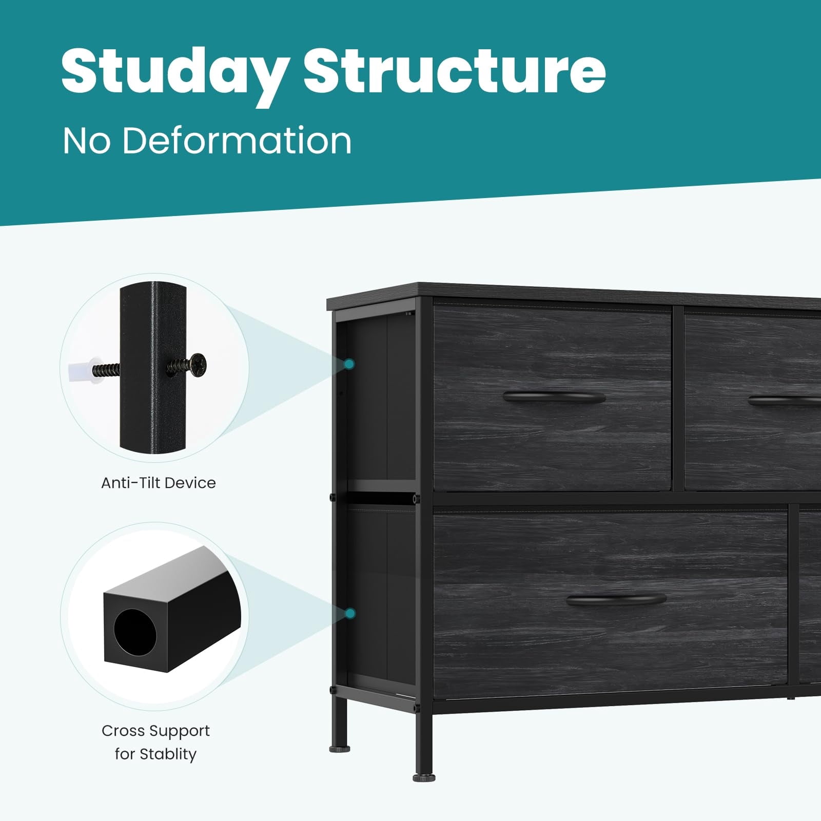 Telyra 5-Drawer Fabric Dresser TV Stand Organizer with Wood Top and Metal Frame, Black Wood Grain