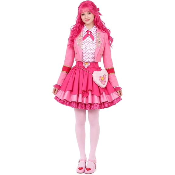 Satmonnus Women's Pink Princess Costume Set, Adult Halloween Cosplay Outfit with Heart Print Jacket, Layered Skirt & Fuzzy Bag, Fancy Dress Up for Themed Parties