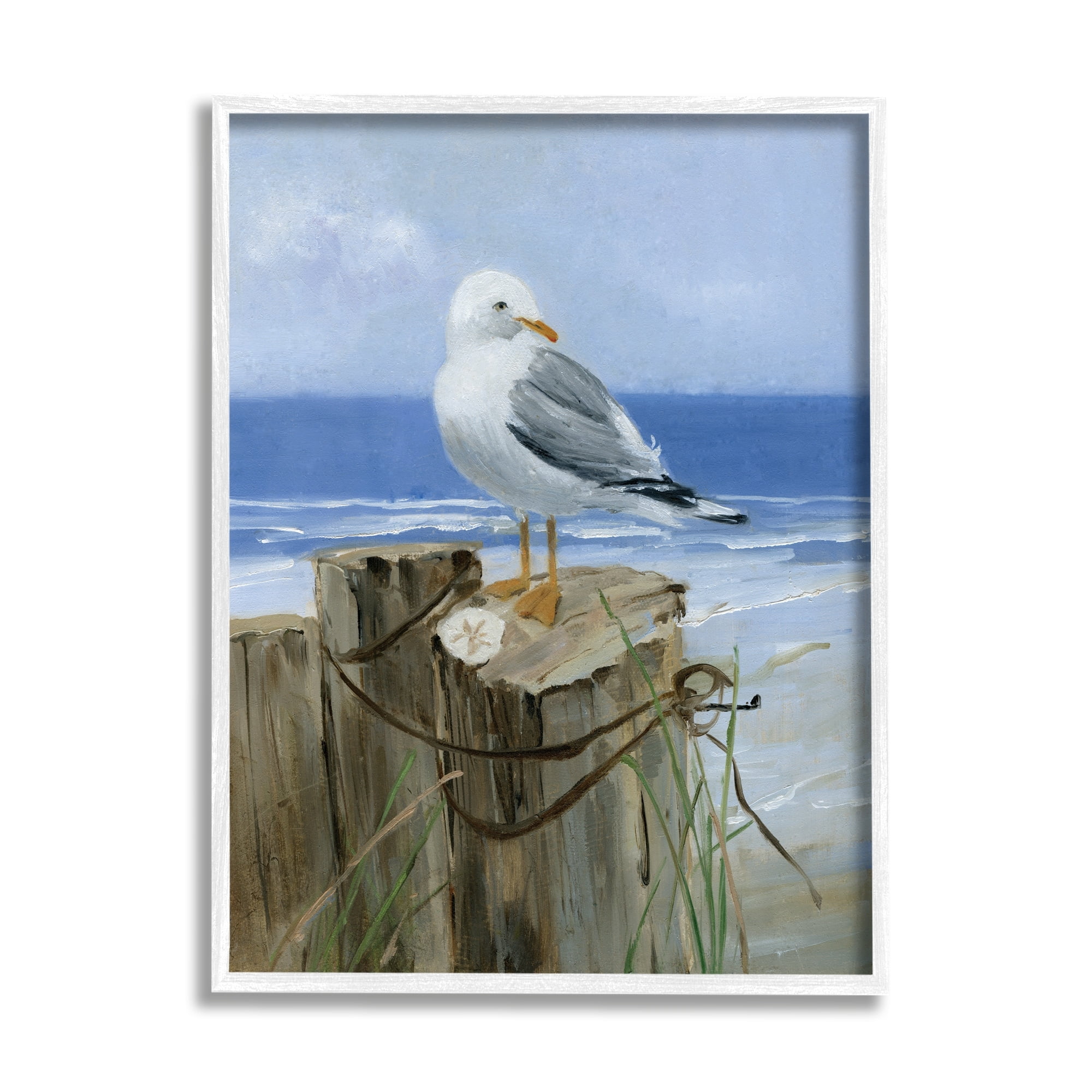 Stupell Industries Seagull Sand Dollar on Soft Nautical Beach Post Animals & Insects Painting White Framed Art Print Wall Art, 16 x 20