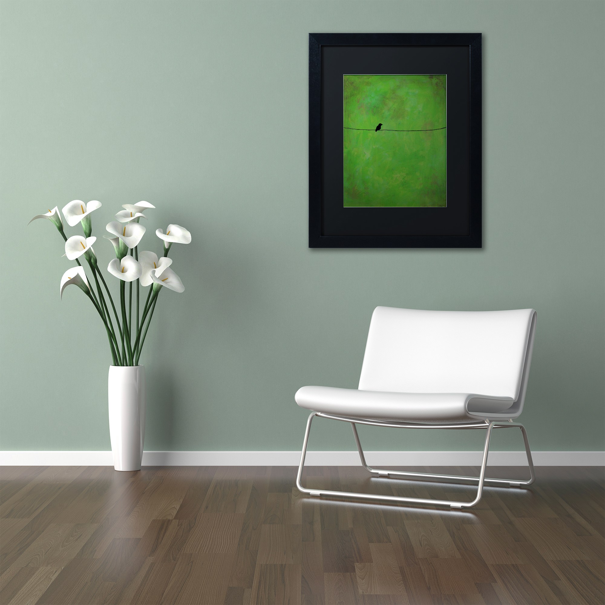 Trademark Fine Art "Lone Bird Green" Canvas Art by Nicole Dietz Black Matte, Black Frame