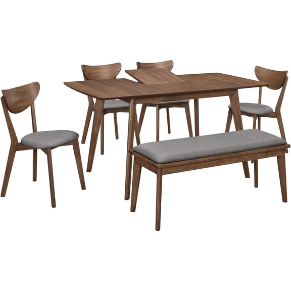 JERFIT Mid-Century Modern 6-Piece Dining Set with Table, 4 Chairs & Bench, Natural Walnut Wood Finish for Kitchen and Dining Room