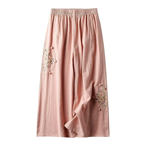 Womens Pants Plus Size Clearance Wide Leg Linen Pants Ladies Summer Versatile Slimming Thin Retro Ethnic Embroidered Wide Leg Pants