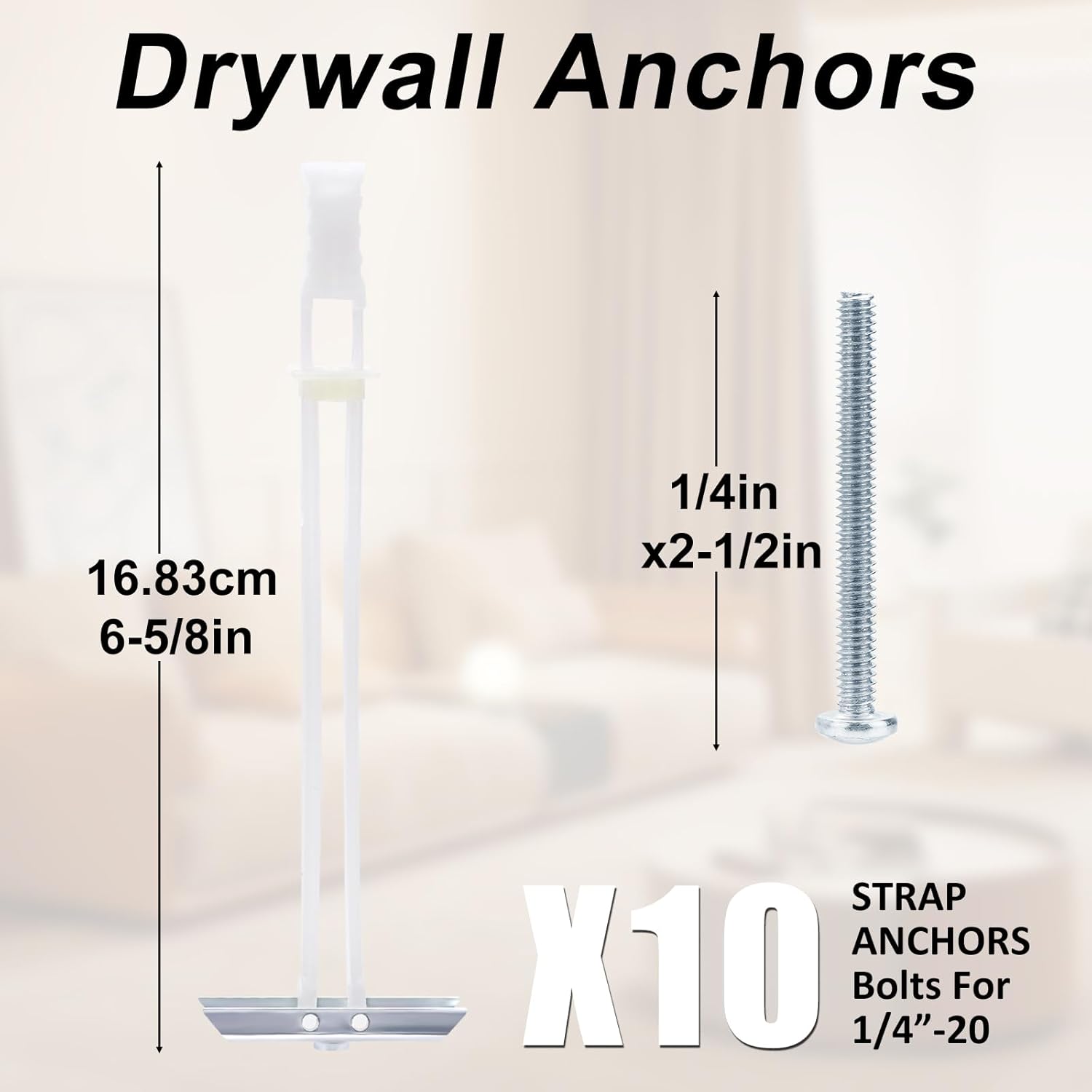 Heavy Duty Drywall Anchor Bolts with 1/4"-20 Fastener Suitable for TV Mounting Hollow Wall Anchor Bolt Screw Kit Supports Up to 270 lbs Each on 1/2 Inch Drywall Pack of 10