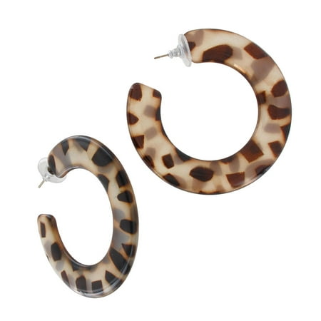 Brown Plastic Earrings - Clear Brown Animal Print Lucite Wide Flat Large Bold Statement Pierced Hoop Earrings 2 1/4