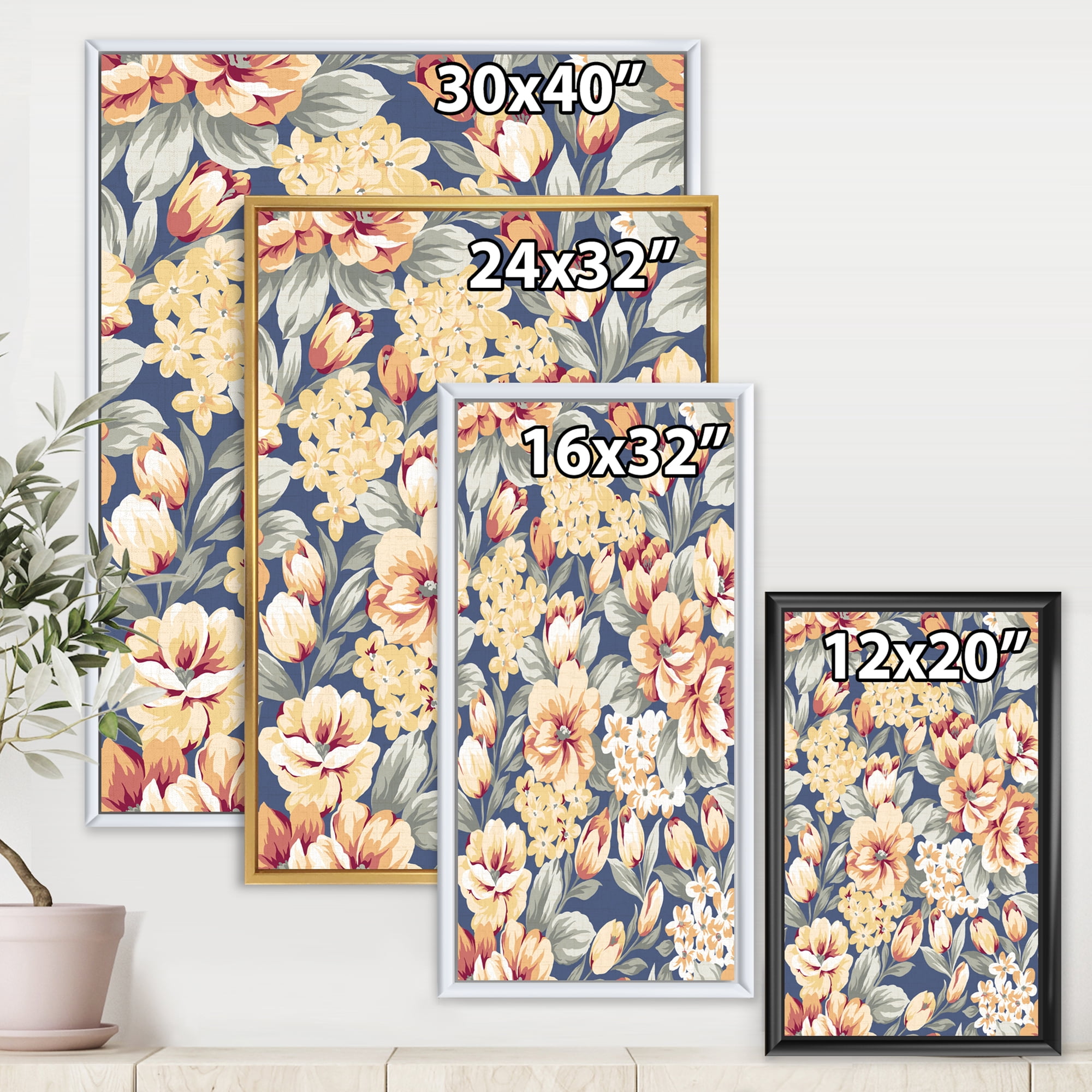 Vintage Orange and Yellow Flowers 24 in x 32 in Framed Painting Canvas Art Print, by Designart