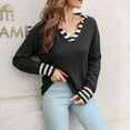 thumbnail image 2 of Women's V-Neck Lapel Sweater with Striped Pattern, Long Sleeves, Perfect for Fall/Winter in Black, Size L Knitted Top, 2 of 6