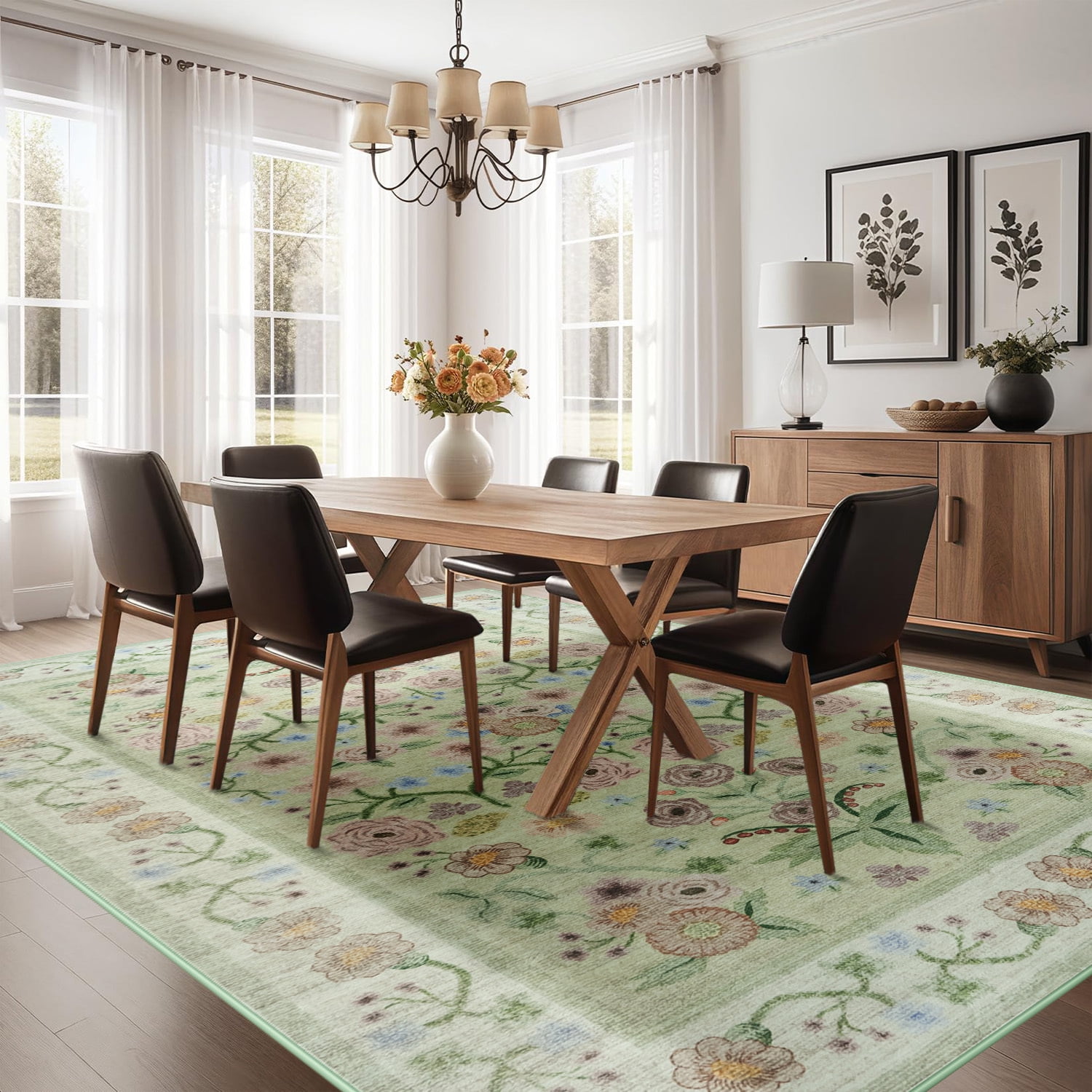 Wondo Washable Area Rug 6x9 - Traditional Floral Living Room Rug Stain Resistant Soft Bedroom Rug, For Under Table Living Room Indoor Rug, Green
