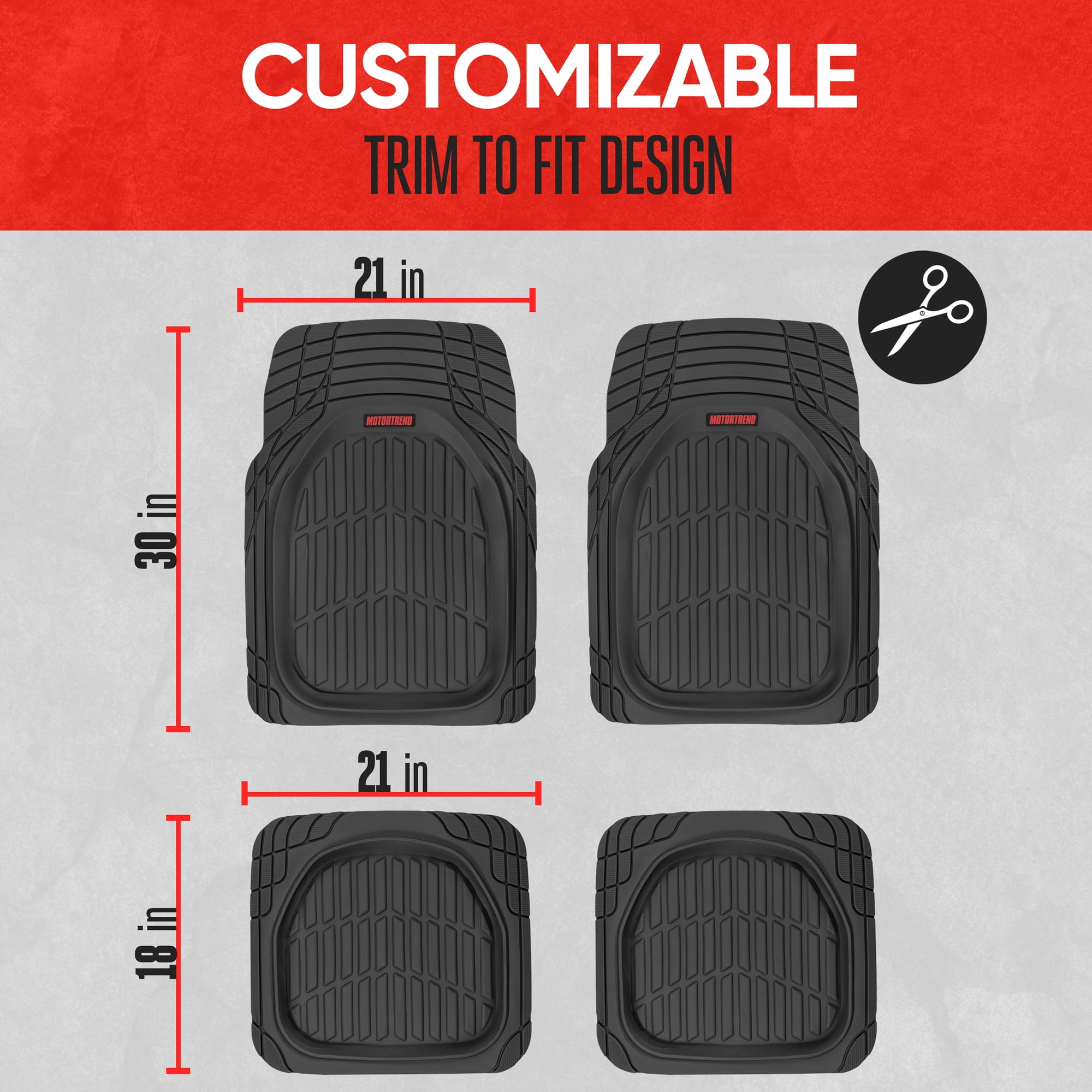 MotorTrend FlexTough Tortoise, Heavy-Duty Rubber Floor Mats for All Weather Protection, Deep Dish, Black