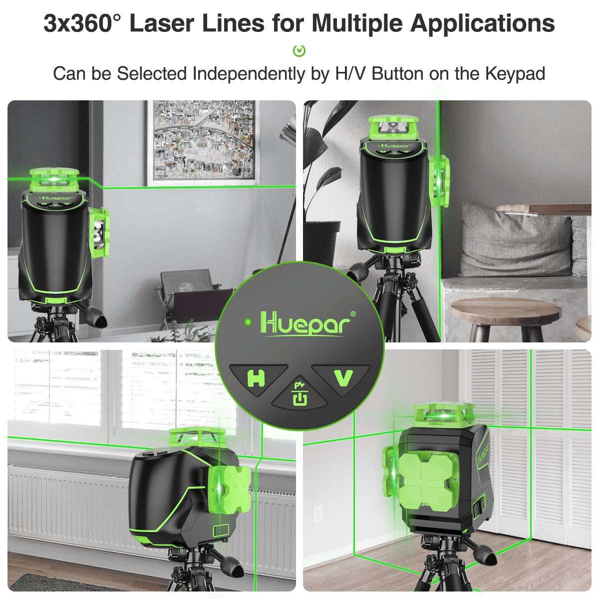 Huepar 3D Cross Line Laser Level 3 x 360 Green Beam Self-leveling Laser Level Tools with Li-ion Battery and Magnetic Pivoting Base