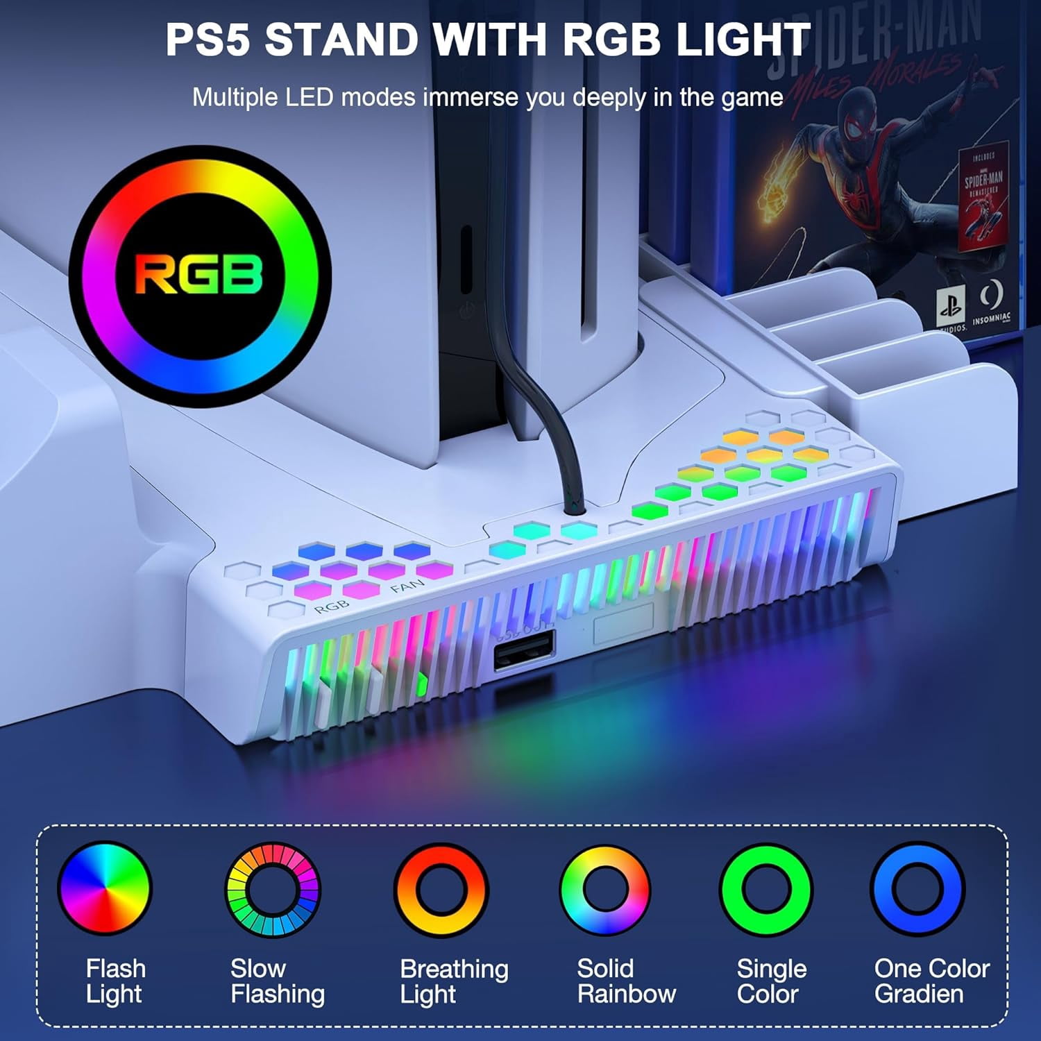 GAEKOL PS5 Slim Cooling Station with Dual Controller Charging RGB PS5 Slim Stand Vertical for Playstation 5 Console Digital Disc Edition PS5 Accessories Base with Headset Holder 14 Game Slots