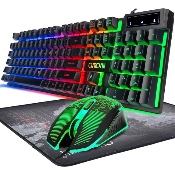 Keyboard and Mouse Gaming LED Wired Combo with Emitting Character Keyboard 4800DPI 2 Side Button USB Mouse Rainbow Backlit Mechanical Feeling Compatible with PC Raspberry Pi Mac Xbox one ps4
