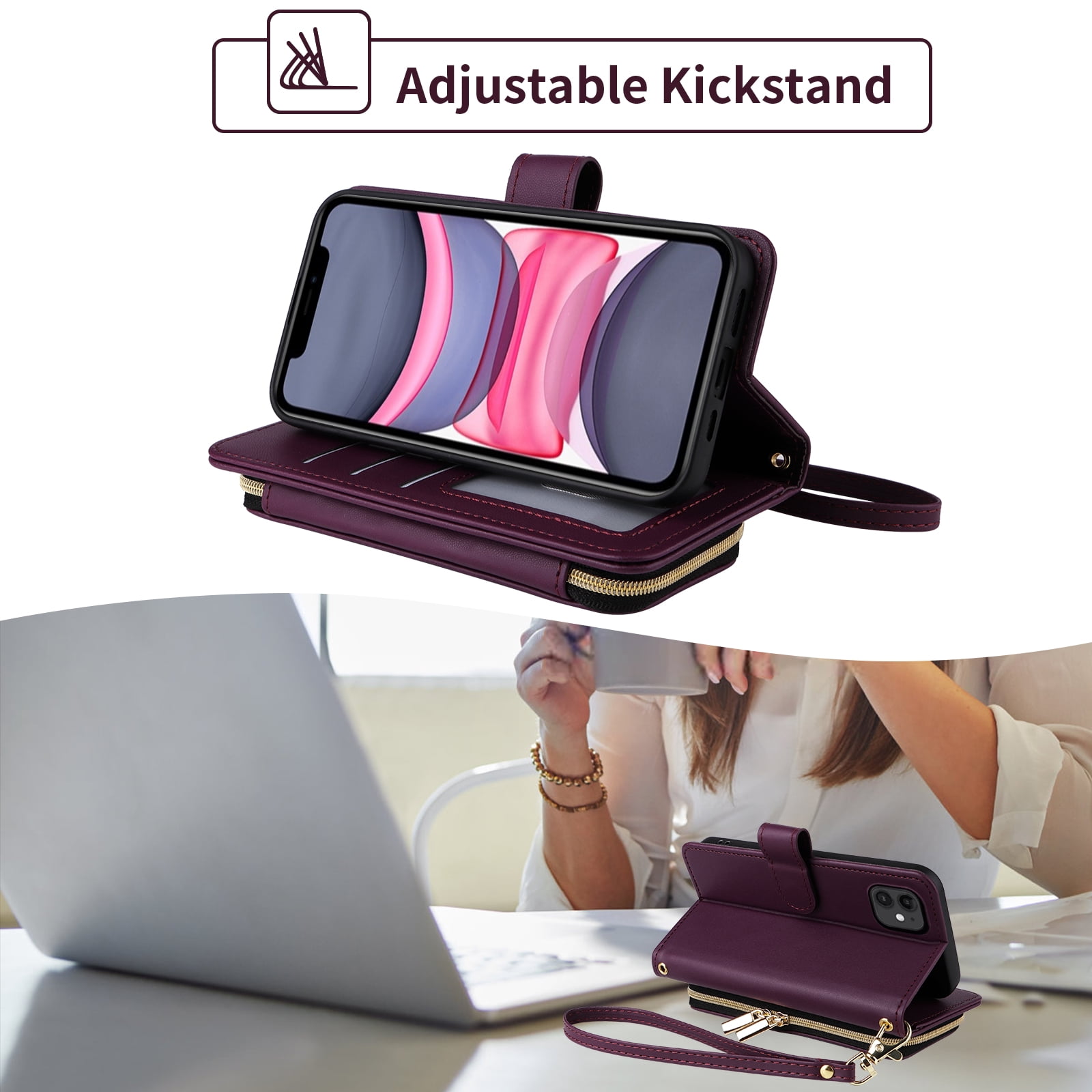Furiet Argyle Wallet Case for iPhone 12 Mini 5.4 with Wrist Strap Shoulder Strap, Card Slot Zipper Purse Stand Checkered Cell Phone Cover for iPhone12mini 5G i 12s iPhone12 12mini Girls Deep Purple