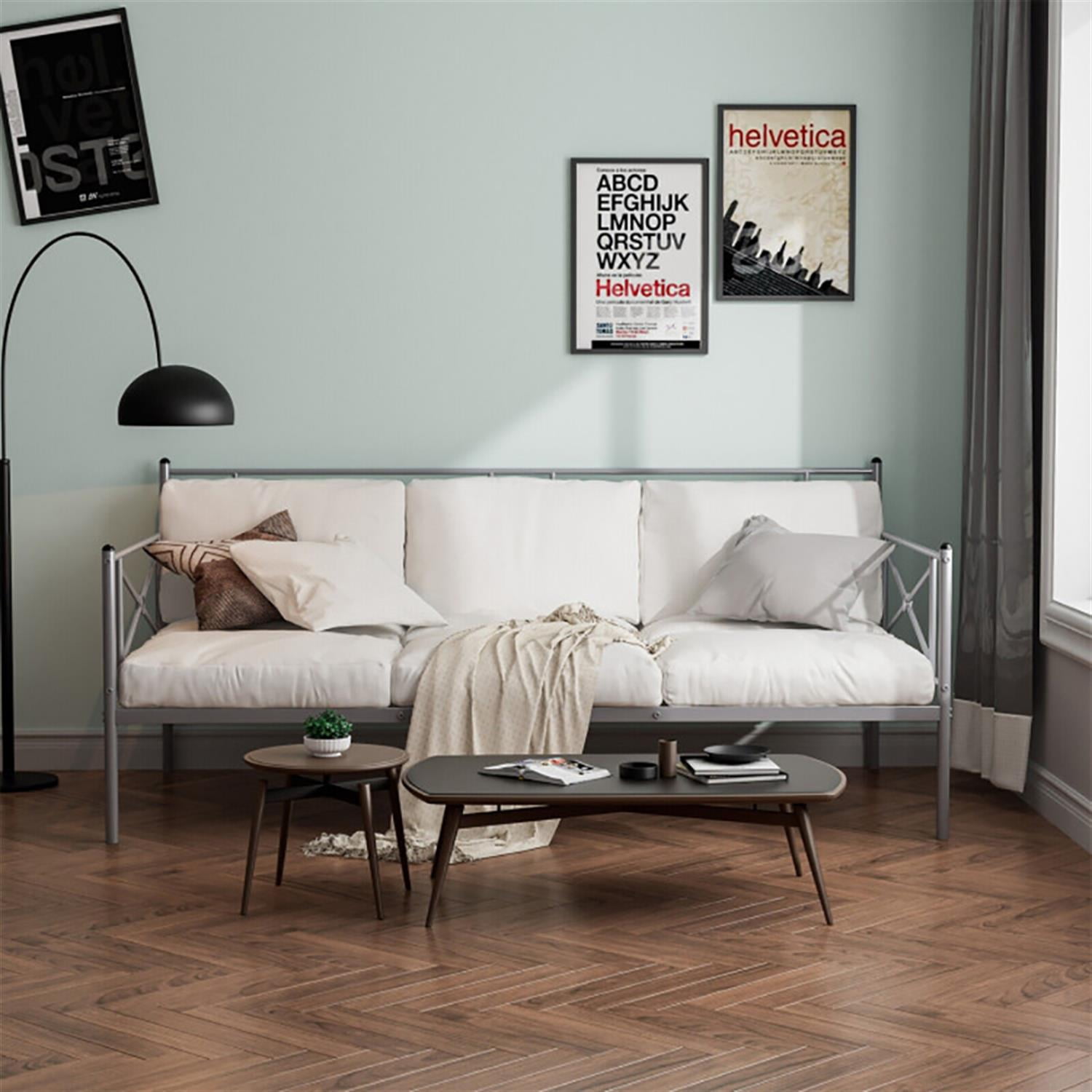 Demi Bonn Metal Daybed Twin Bed Frame Stable Steel Slats Sofa Bed, Modern Bed Frame for Teens, Silver