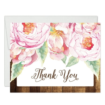 Rustic Pink Peony Blooms Thank You Cards With Envelopes Pack Of