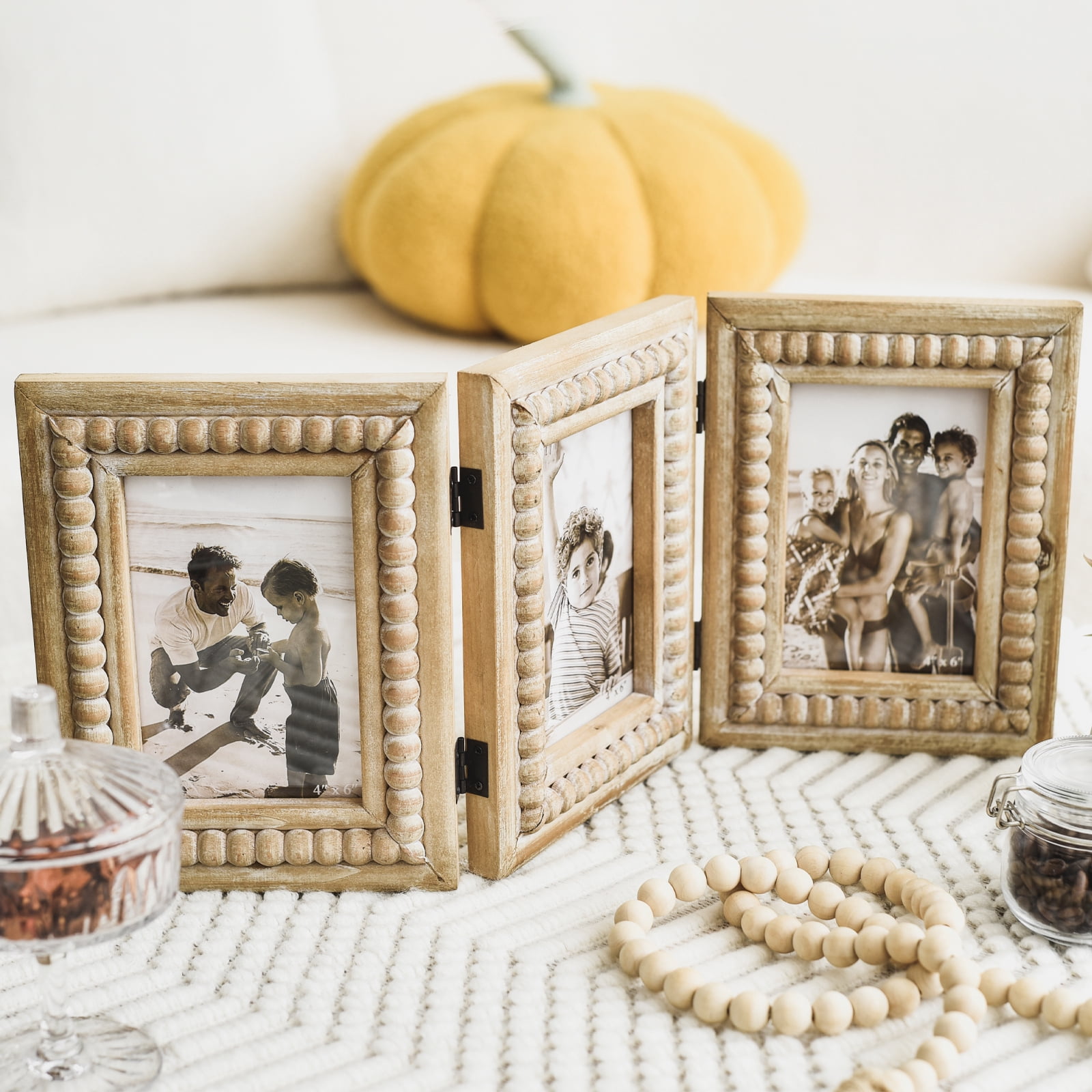MODE HOME Rustic Distressed 3 Photos Folding Picture Frame Collage with Decorative Wood Beads, 3 Picture Frames 4x6 for Table or Wall Hanging, Farmhouse Gift Idea for Family and Friends