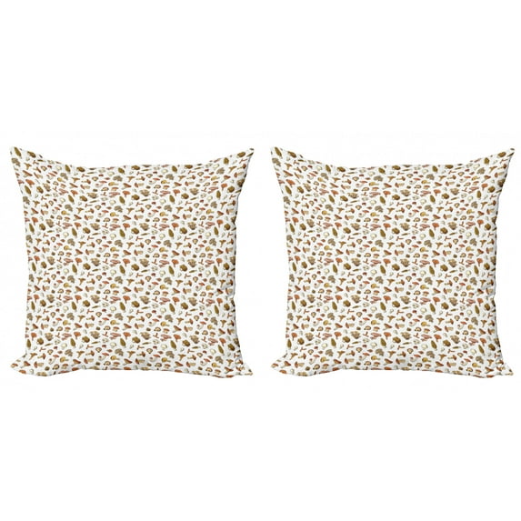 Ambesonne Cartoon Throw Pillow Cover 2 Pack, Various Mushrooms Scattered, 20", Redwood Burnt Sienna