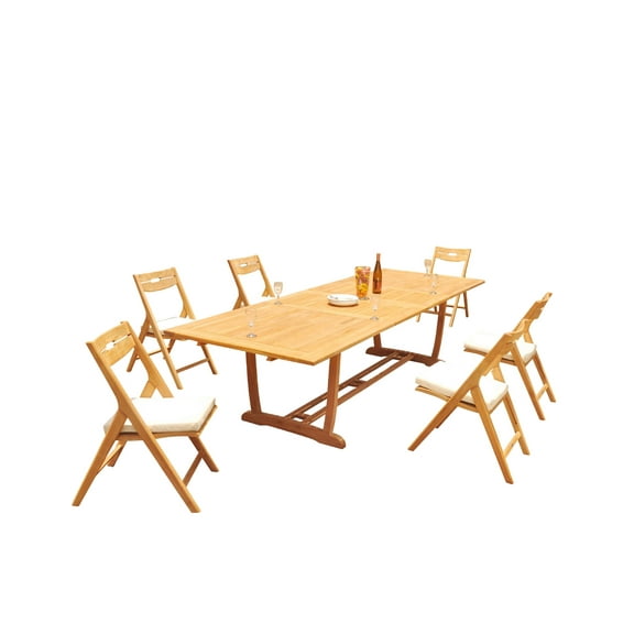 Grade-A Teak Dining Set: 6 Seater 7 Pc: 118" Mas Rectangle Trestle Leg Table And 6 Surfliner Folding Reclining Arm Chairs WholesaleTeak #51SL2507