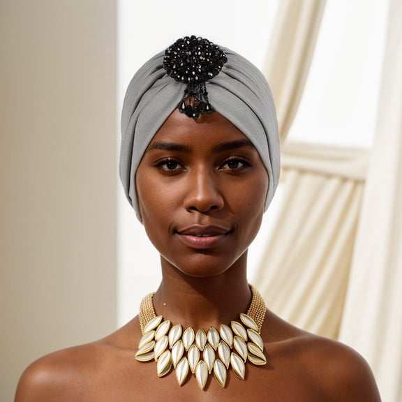 Women's Jeweled Turban Hat, Pleated Boho Forehead Tassel Head Wrap
