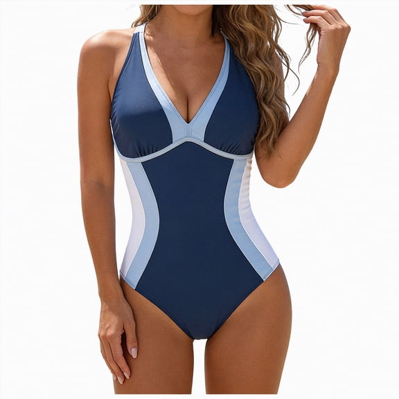 HCNTES Women's V Neck One Piece Swimsuit Tummy Control Adjustable Spaghetti Straps Bathing Suit Swimwear(Blue,XL)