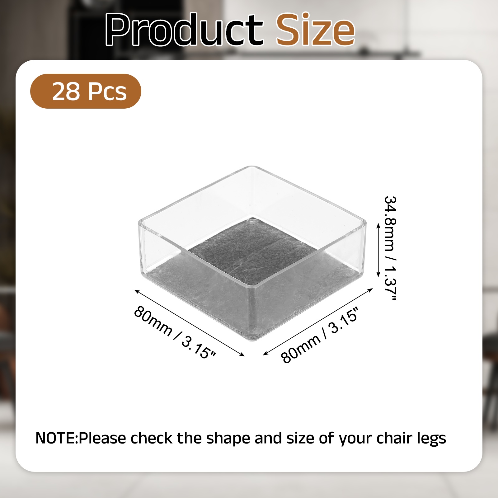 Uxcell 28Pcs Square Chair Leg Protectors, 3.15" & Felt Furniture Chair Leg Cover Caps for Hardwood Floors Elastic Scratch Reduce Noise Covers Furniture Pads, Clear Black
