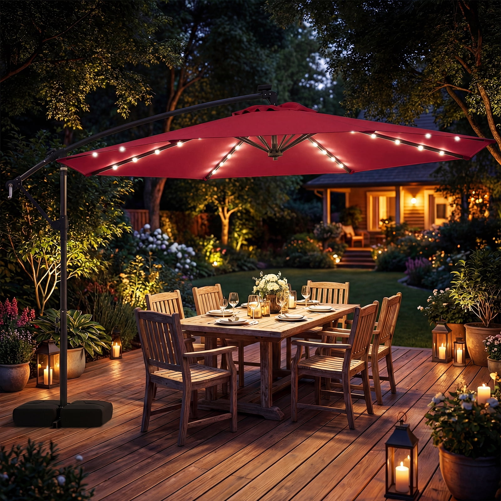 Costway 10 FT Solar Offset Hanging Umbrella Patio Cantilever Umbrella with 32 LED Lights Red