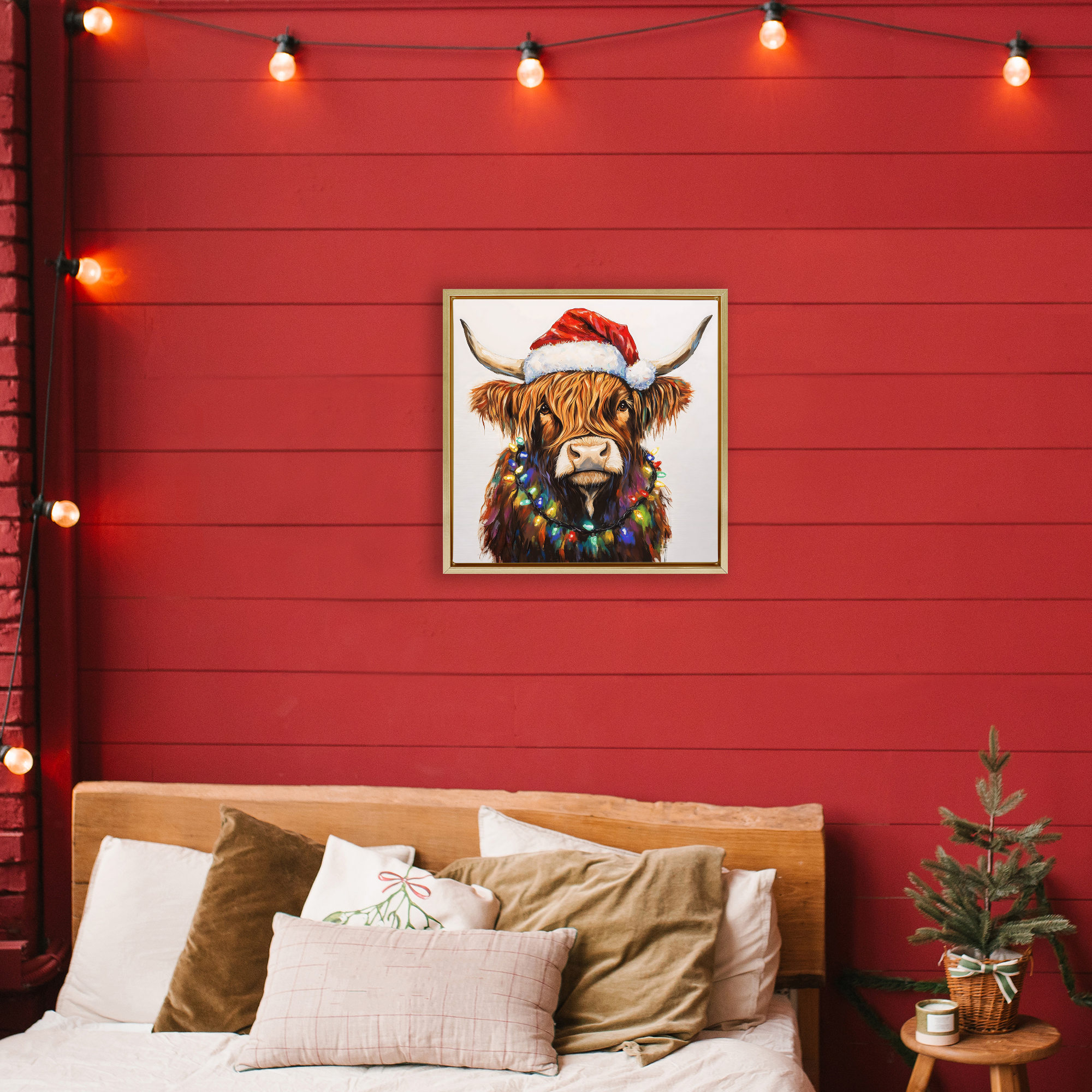 Holiday Lights Bedecked Highland Gold Framed Floater Canvas Wall Art, design by Petal Prints Design