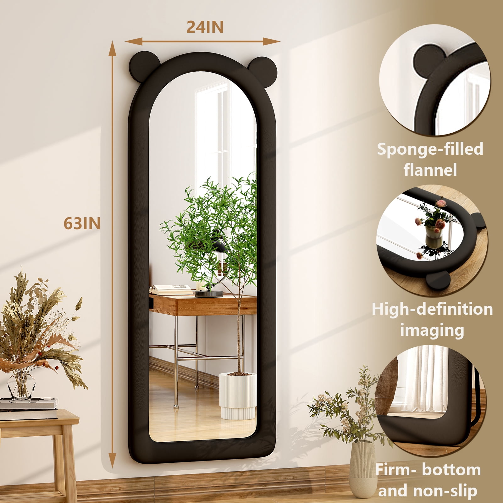 Puremirror 63"x24" Arched Full Length Mirror Standing Floor Mirror with Flannel Frame, Black