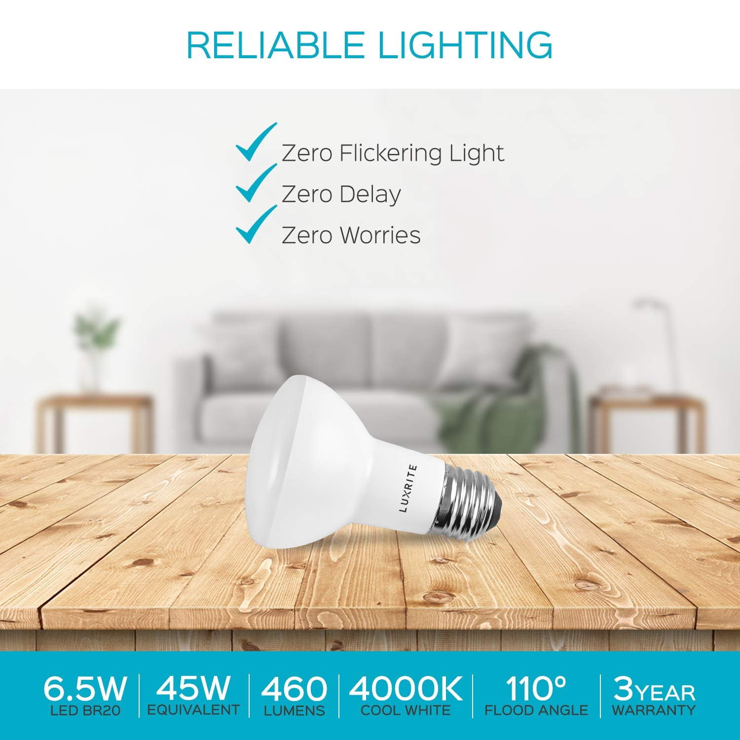 Luxrite BR20 LED Flood Light Bulb, 6.5 Watt, 4000K Cool White, 460 Lumens, Dimmable, E26 Base 6-Pack