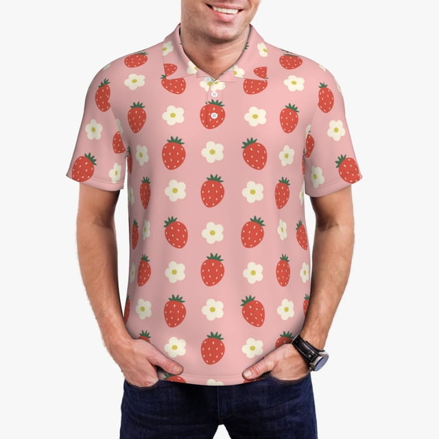 Balery Strawberry Camisa Polo de Hombre con Estampado, de Manga Corta y Tejido Medio, Camisa Tipo Golf Polo-X-Large