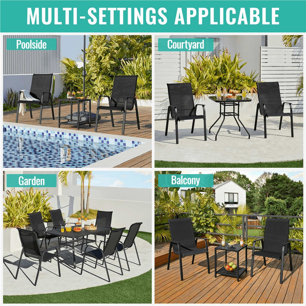 Renwick Outdoor Stackable Dining Chairs with Backrest, Set of 2, Black