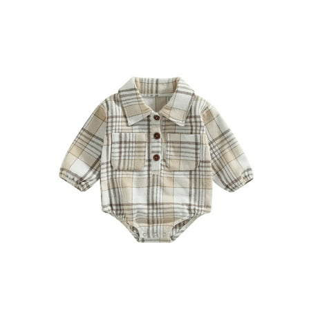 

Baby Boy Girl Flannel Print Plaid Shirt Long Sleeve Button Romper Bodysuit Clothes