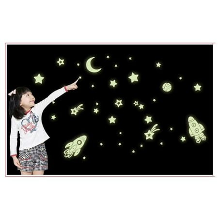 Spaceship Sticker - Cartoon Home Decals Decor Glow In The Dark Wall Sticker Cosmic Star Spaceship