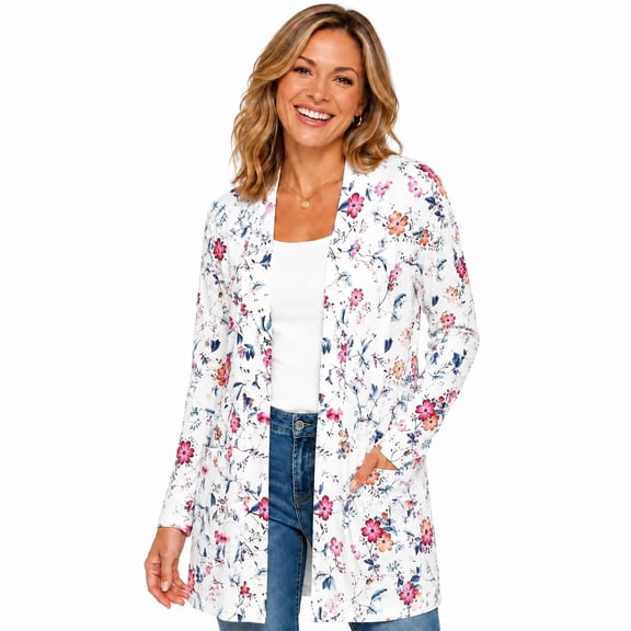 Women's Plus Size White Floral Cardigan, Long Sleeve Open Front Tunic with Pockets