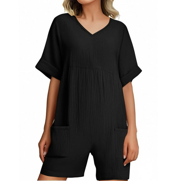 Htigea Clearance Women's Summer Casual Sleeveless Romper Loose Spaghetti Strap Overalls Shorts Jumpsuit with Pockets 2025 Clothes Black,L