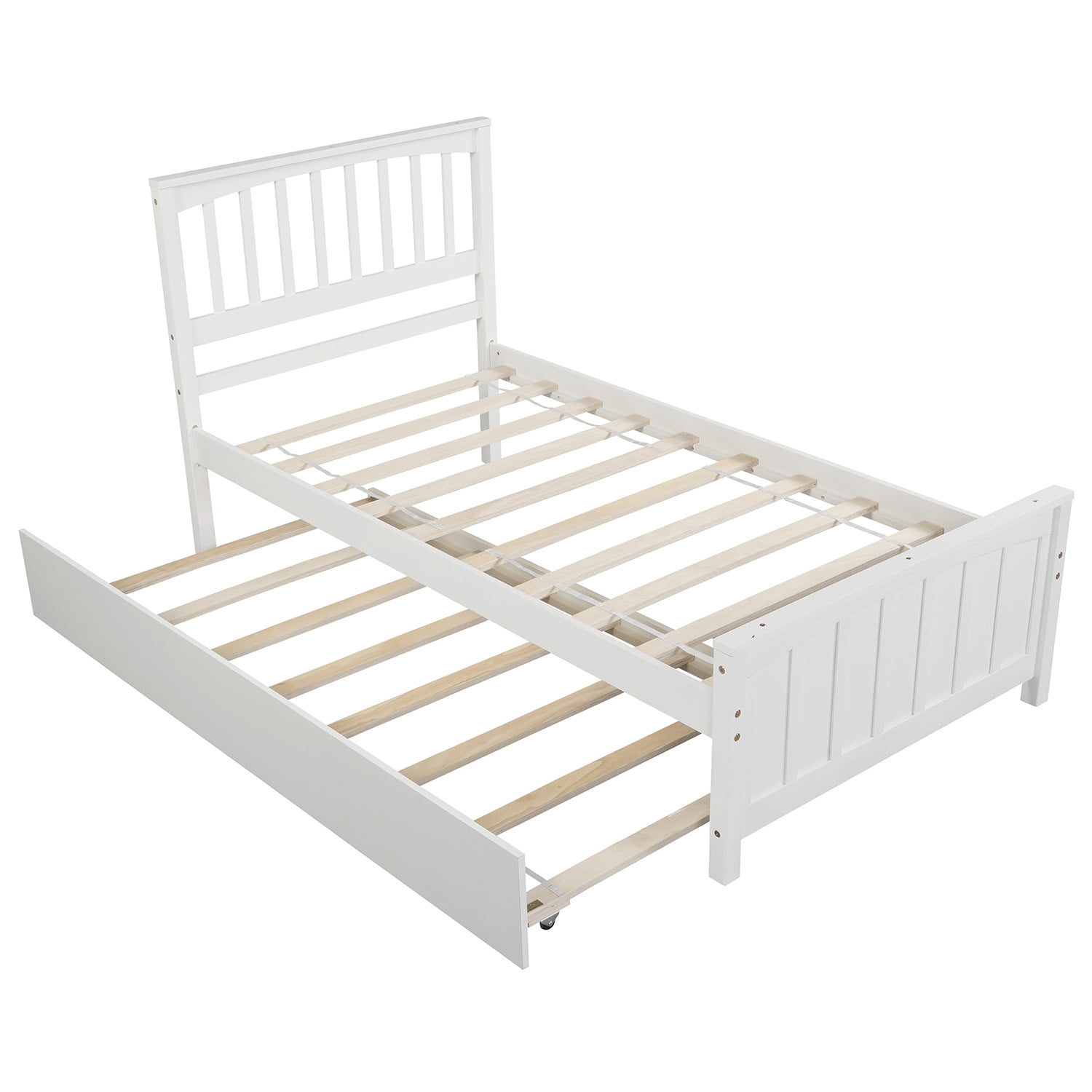 Mintazer Twin Size Platform Bed Frame with Pull Out Trundle Bed, Vertical Slatted Headboard & Panel Footboard for Kids Teens Adults Bedroom, No Box Spring Needed, White