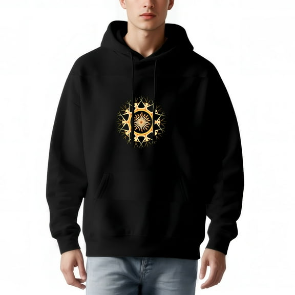 Men's Long Sleeve Hooded Pullover Sweatshirt - Black Hoodie with Stylish Sun Motif Design and Front Pocket