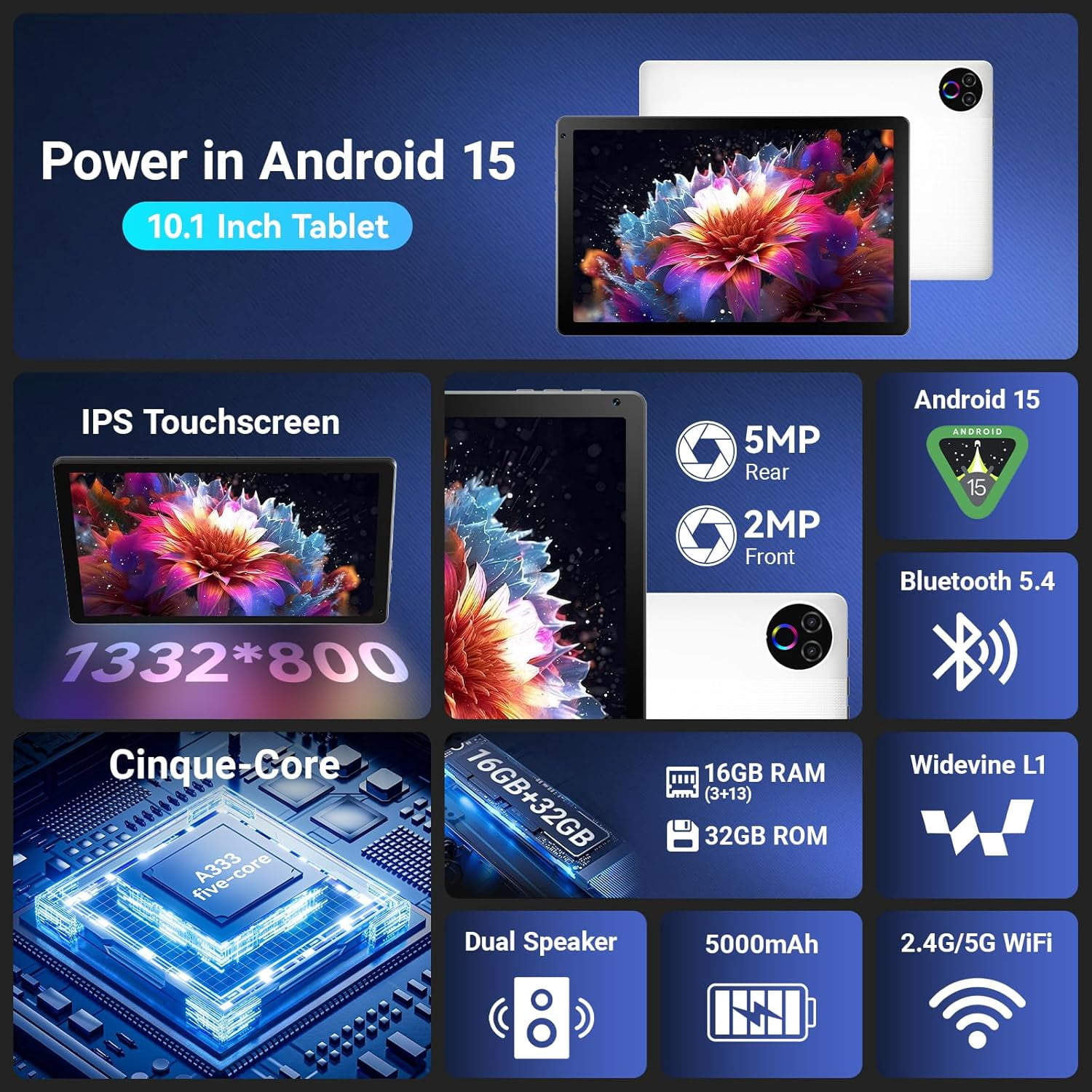 AEEZO 10 Inch Tablet, 16GB RAM 32GB ROM 1TB Expand, 5G WiFi Octa-Core HD IPS Display, White